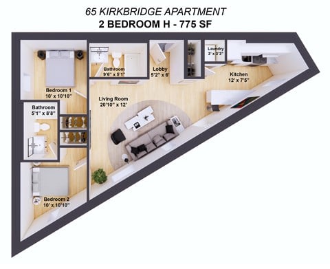 Floor plan for 2 beds, 2 baths, 775 sqft